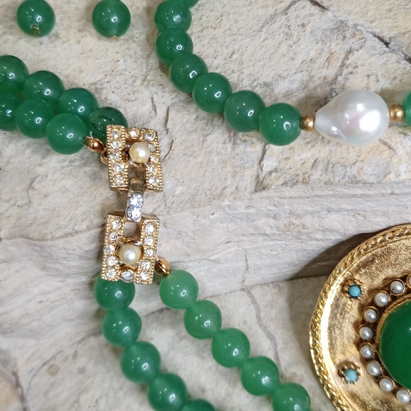 Vintage Green Aventurine Jewelry Set pearl turquoise Necklace Earrings Brooch - Picture 6 of 11